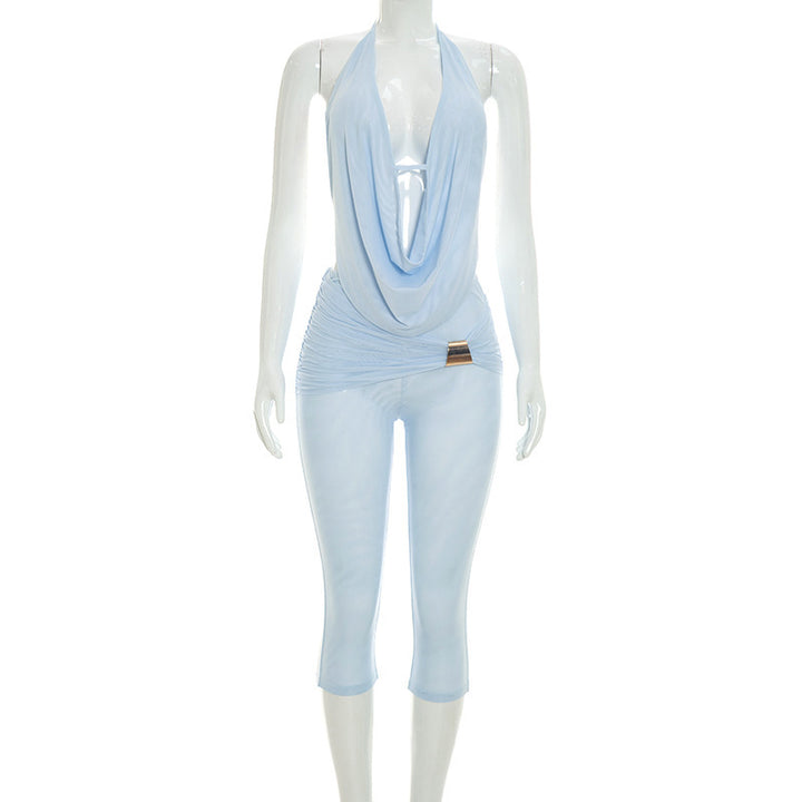 Draped Halter Backless Romper Set