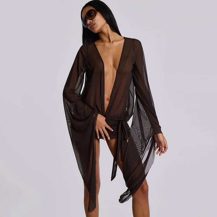 Deep Plunge Bell Sleeve Mini Dress