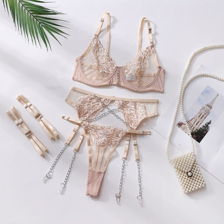 Metal Chain Embroidered Lingerie Set