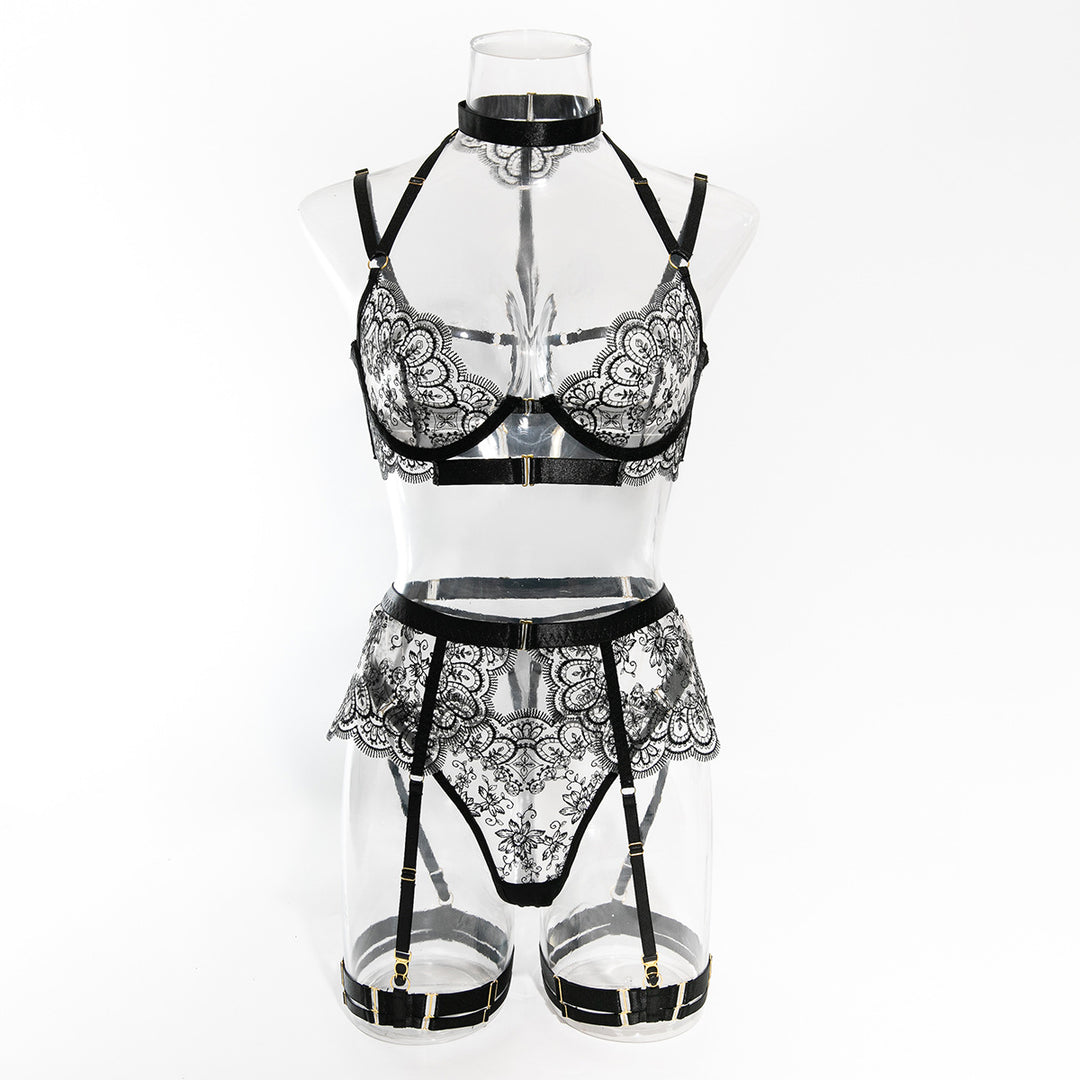 Embroidered Lace Sheer Mesh Lingerie Set
