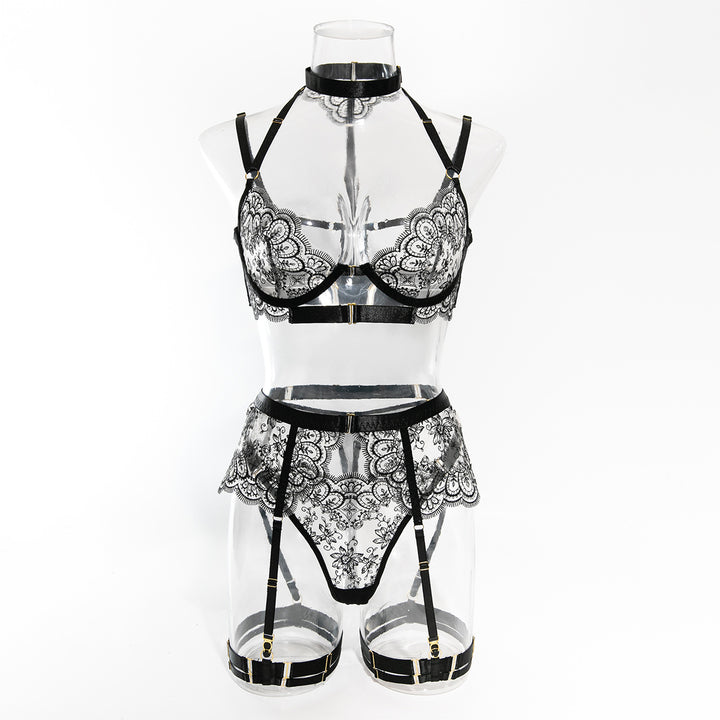 Embroidered Lace Sheer Mesh Lingerie Set