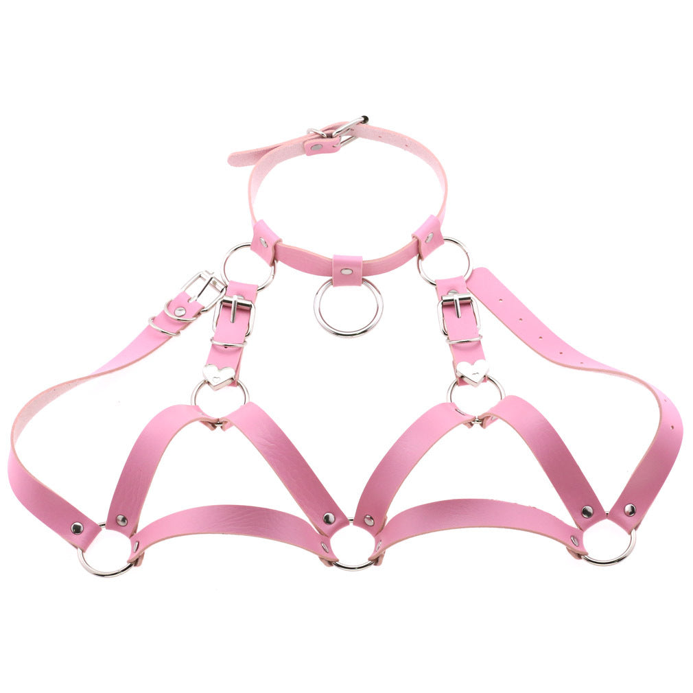 Leather Harness Choker Bondage Belt Set