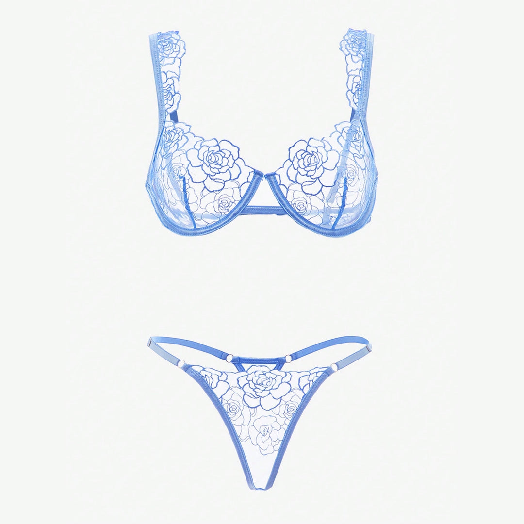 Sheer Lace Embroidered Bra & T-Back Thong Set