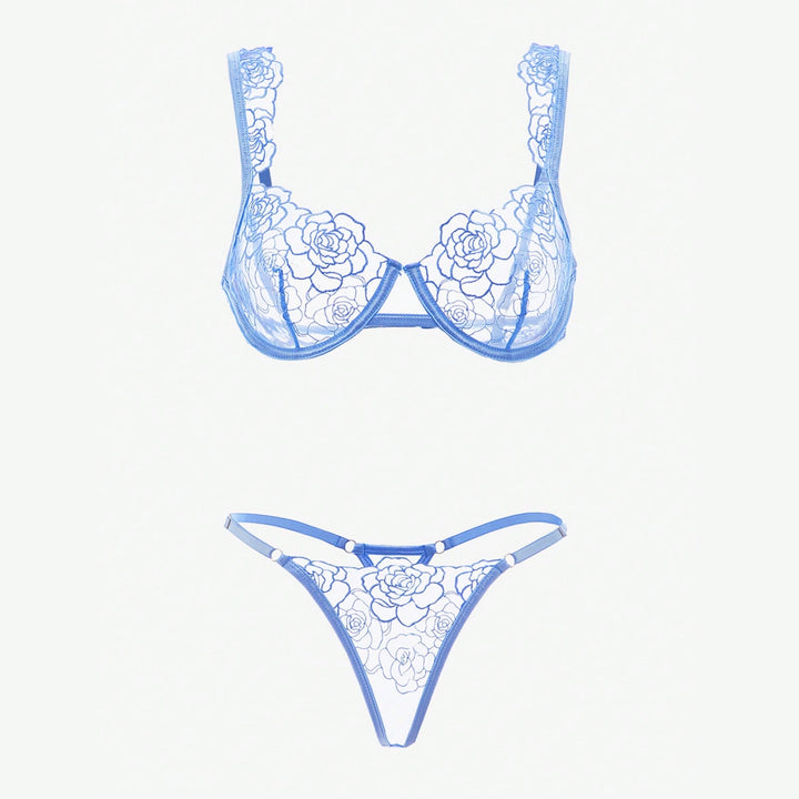 Sheer Lace Embroidered Bra & T-Back Thong Set