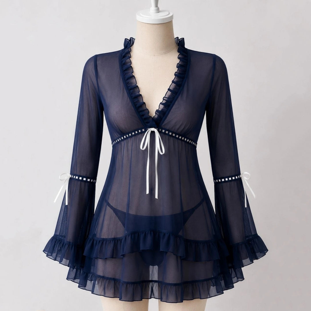 Sheer Mesh Ruffle Sleeve Dress Set