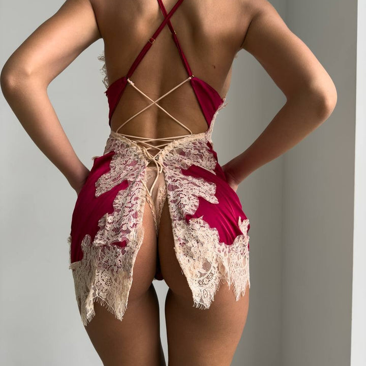 Lace Satin Cutout Chemise Set
