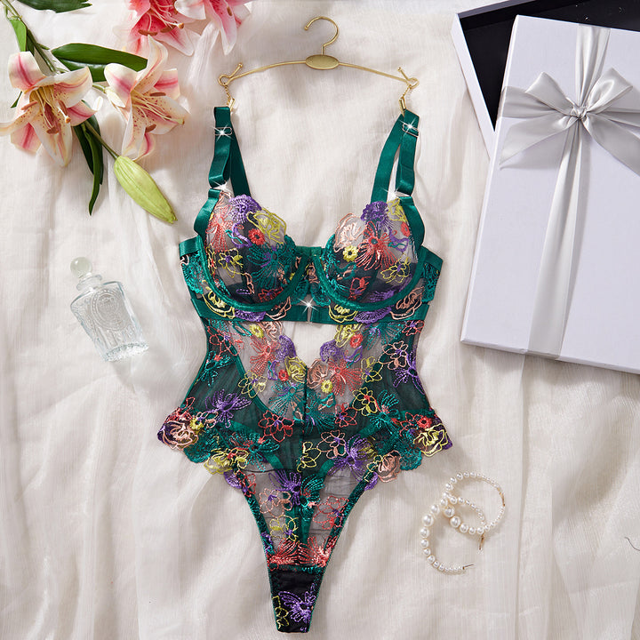 Embroidered Mesh Corset Bodysuit
