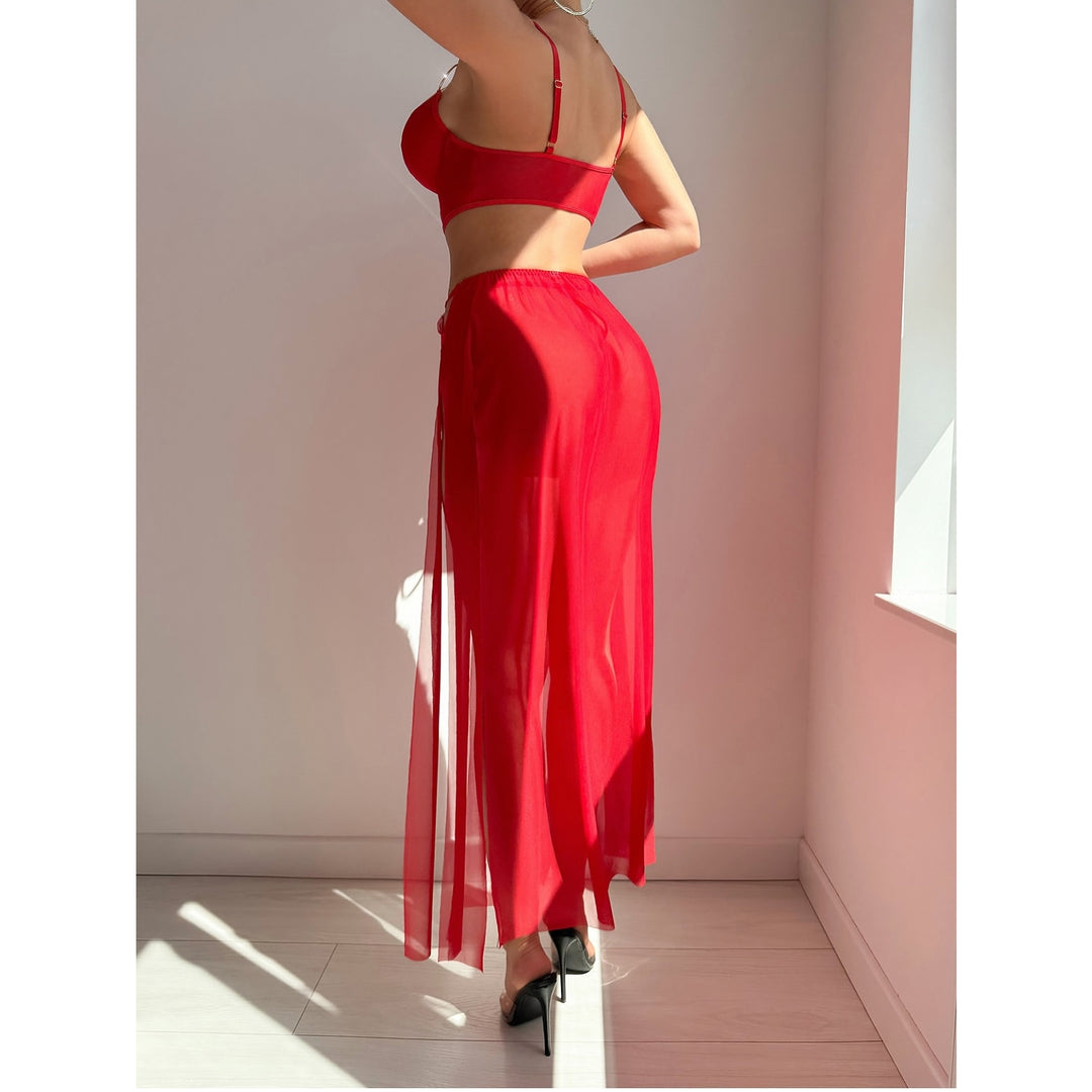 Sheer Mesh Corset Slit Maxi Lingerie Set