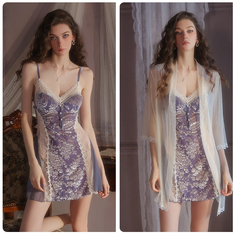 Floral Embroidered Chemise & Lace Robe Lingerie Set