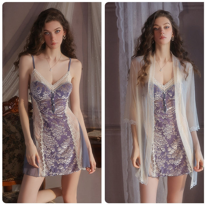 Floral Embroidered Chemise & Lace Robe Lingerie Set