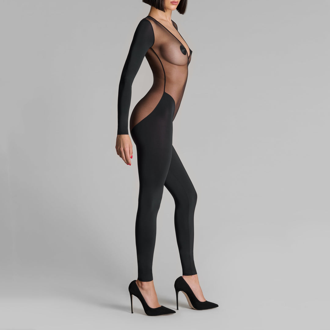 Deep V-Neck Long Sleeve Sheer Catsuit