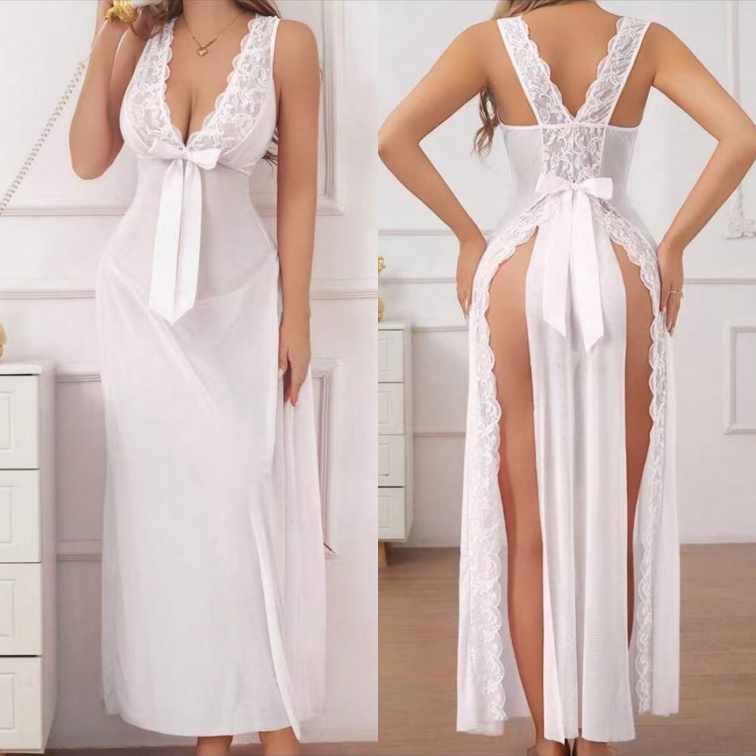 Sheer Lace Deep V Halter Maxi Nightdress