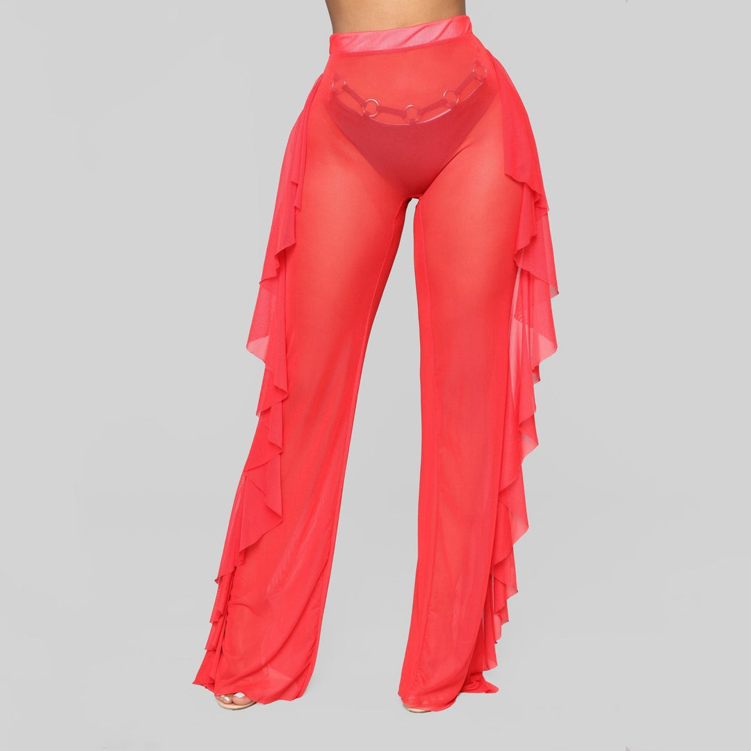 Ruffle Sheer Mesh Wide Leg Pants