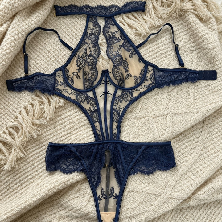 Embroidered Sheer Halter Bodysuit
