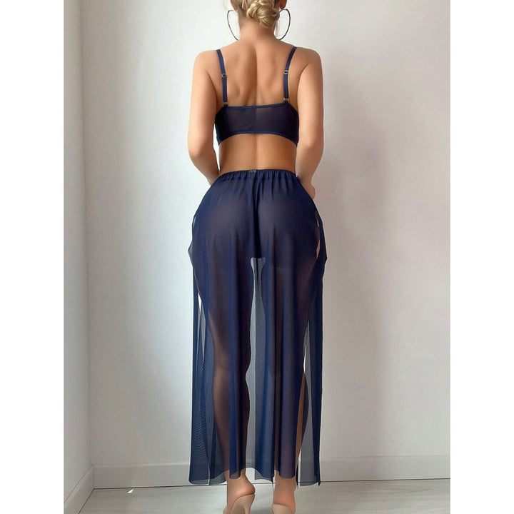 Sheer Navy Mesh Corset Slit Maxi Lingerie Set