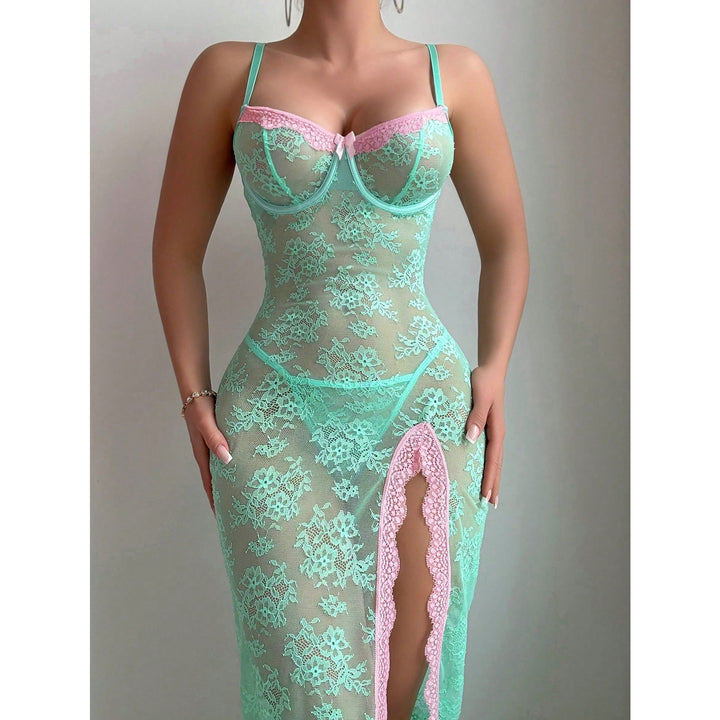Sheer Floral Lace Underwire Slit Maxi Dress