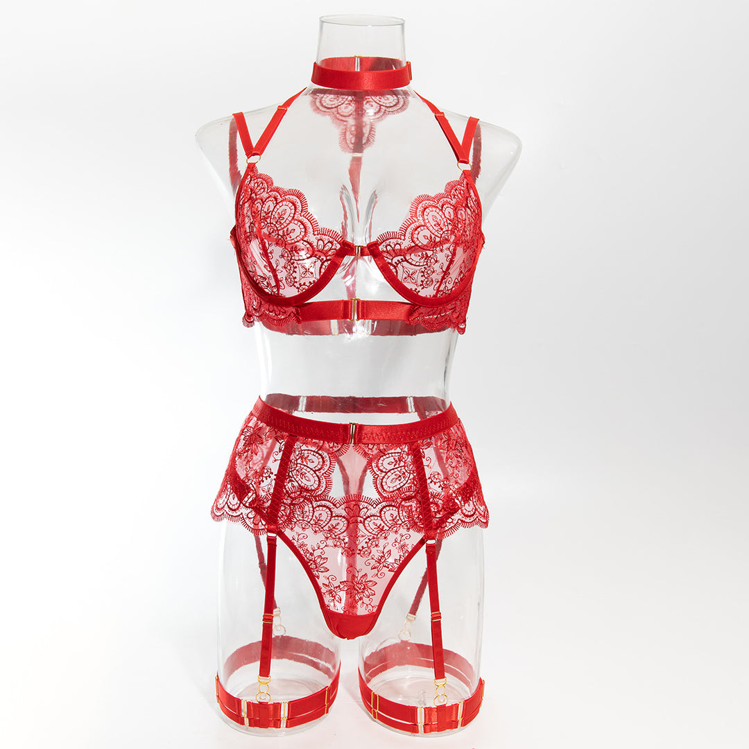 Embroidered Lace Sheer Mesh Lingerie Set