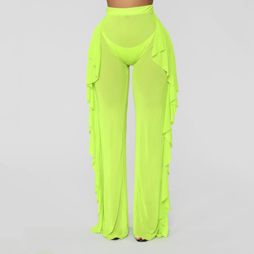 Ruffle Sheer Mesh Wide Leg Pants