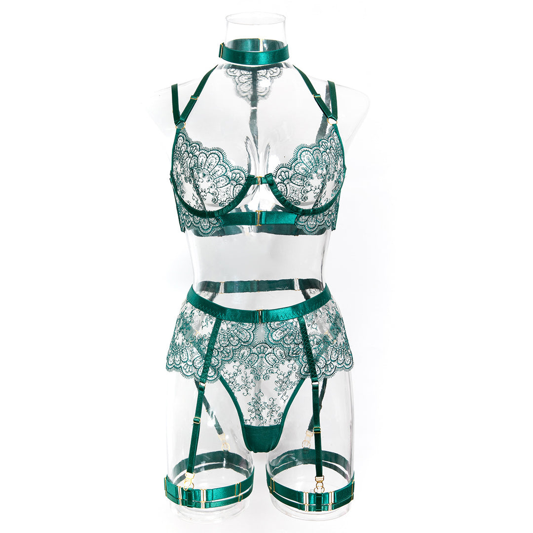 Embroidered Lace Sheer Mesh Lingerie Set