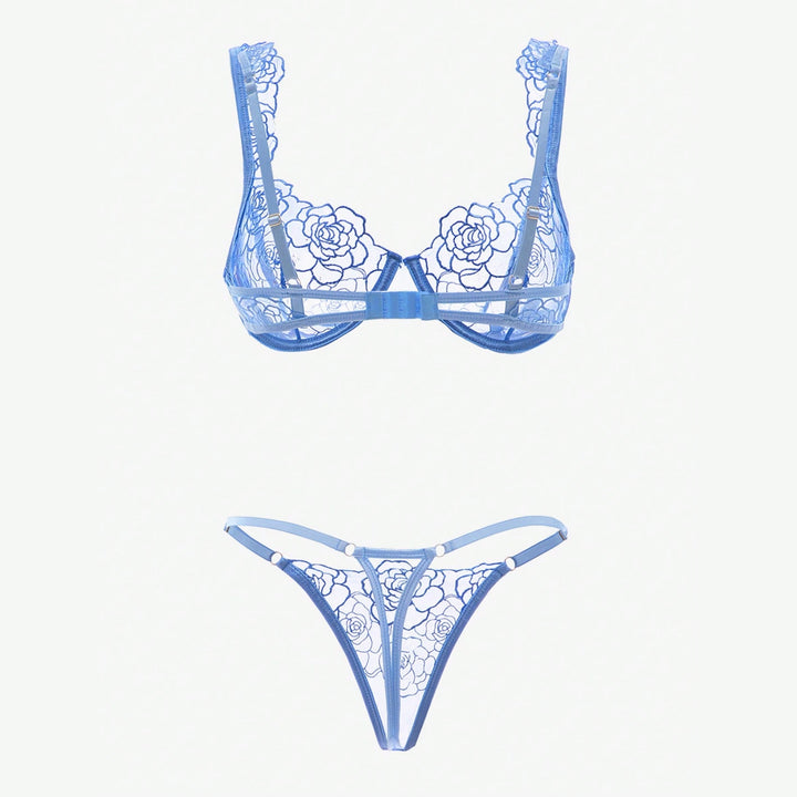Sheer Lace Embroidered Bra & T-Back Thong Set