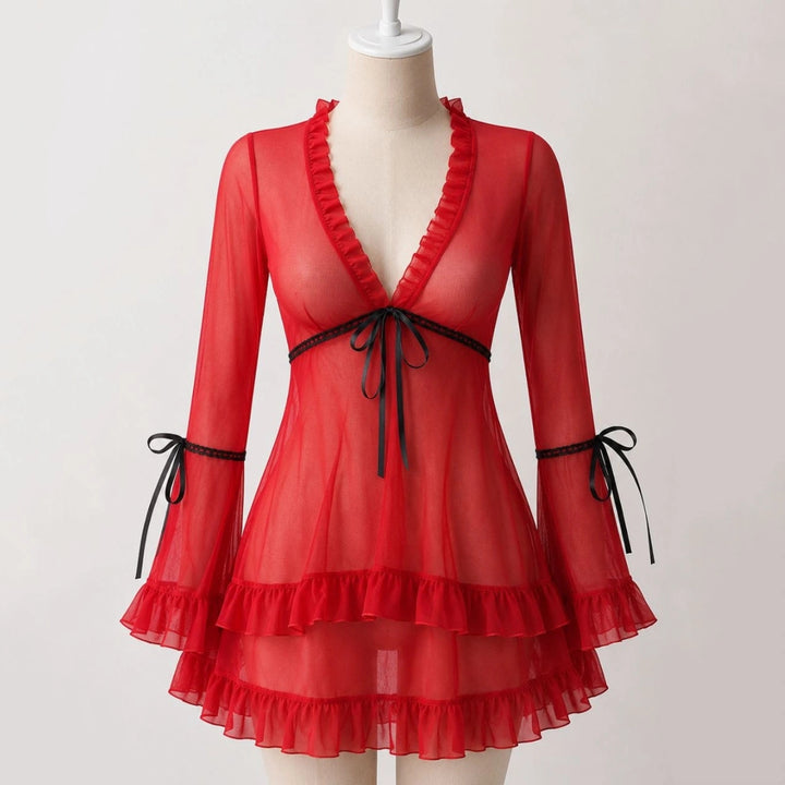 Sheer Mesh Ruffle Sleeve Dress Set