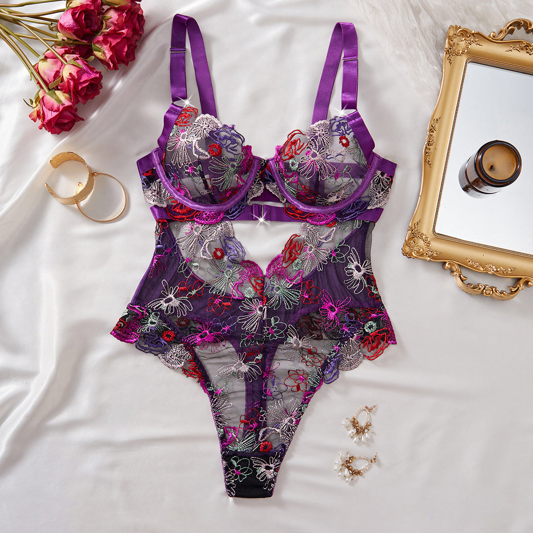 Embroidered Mesh Corset Bodysuit