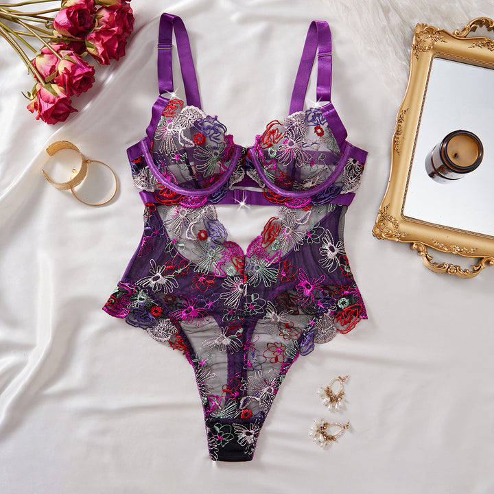 Embroidered Mesh Corset Bodysuit