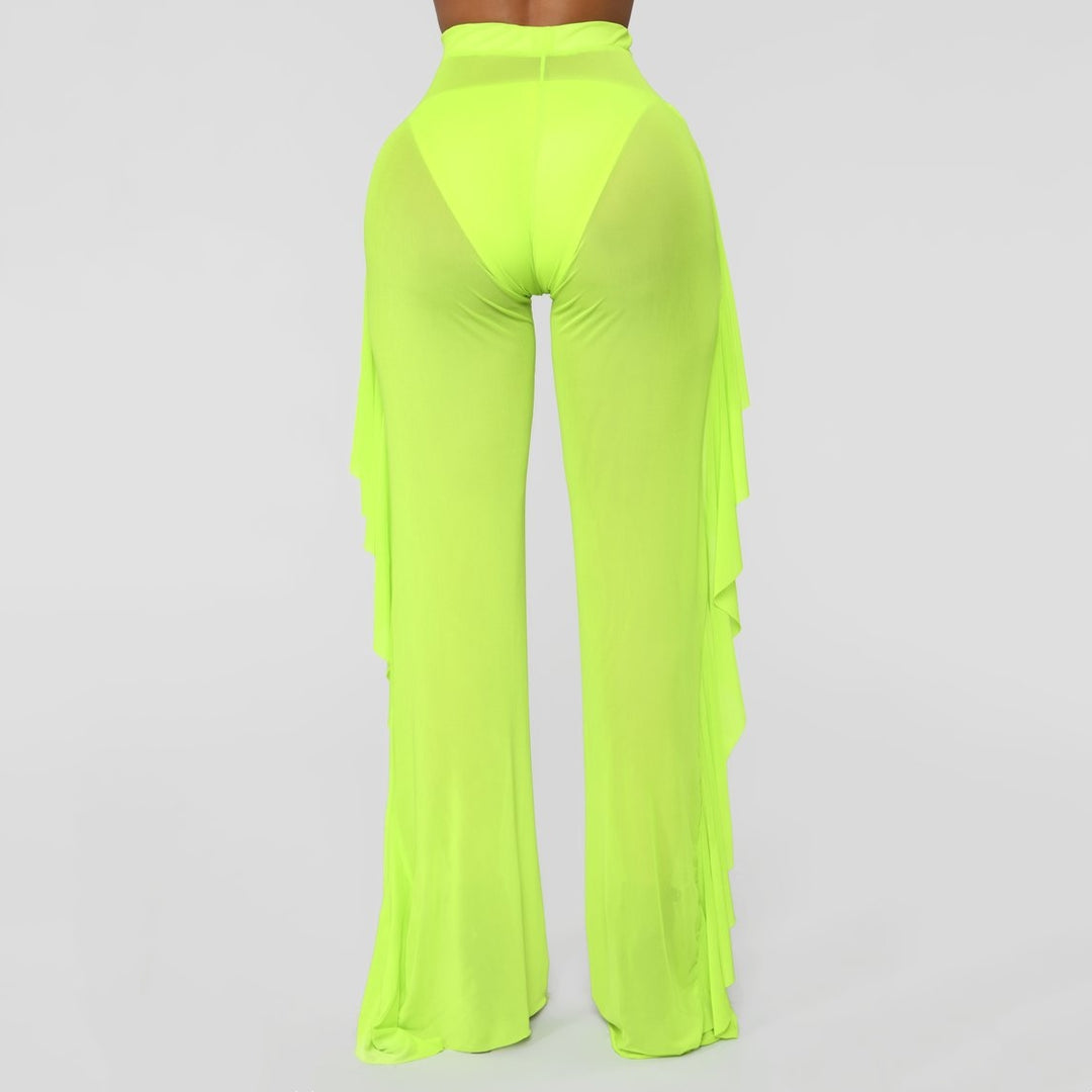 Ruffle Sheer Mesh Wide Leg Pants