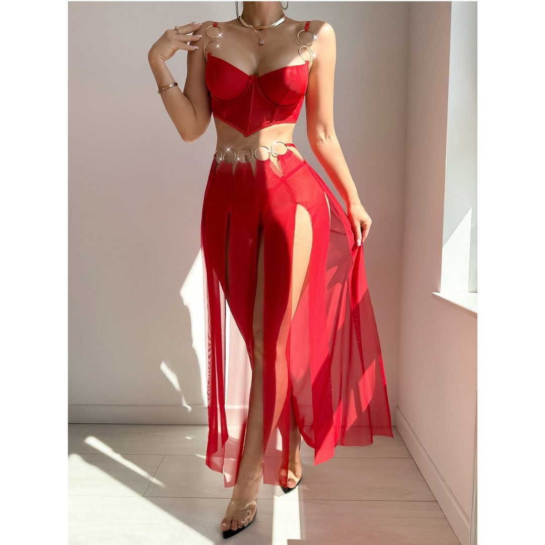 Sheer Mesh Corset Slit Maxi Lingerie Set