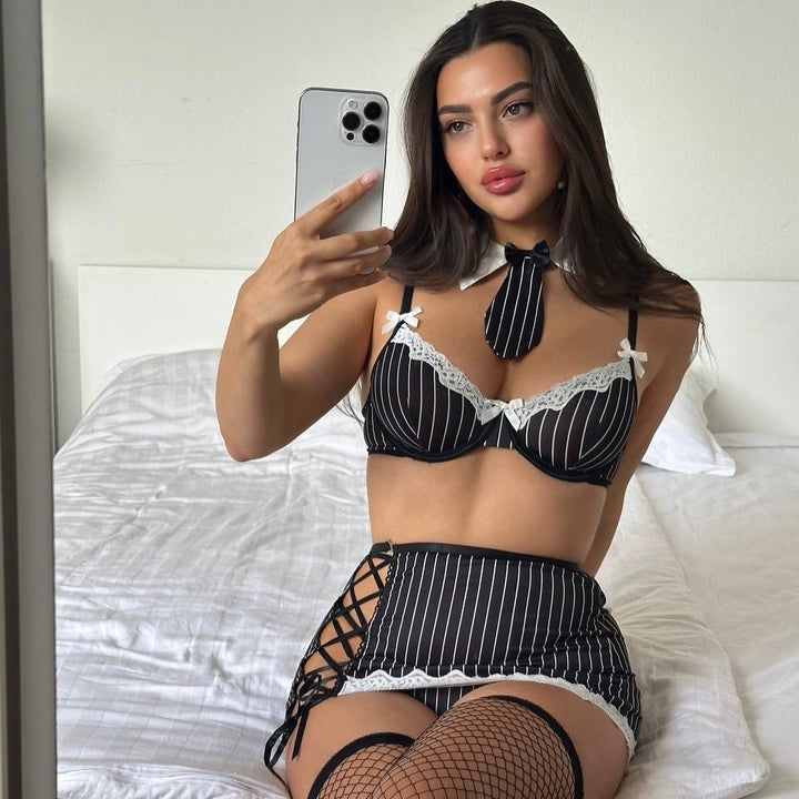Pinstripe Roleplay Seduction Three Piece Set