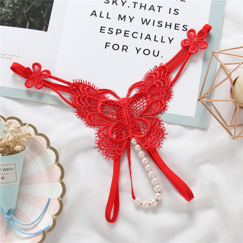 Embroidered Pearl Lace Thong