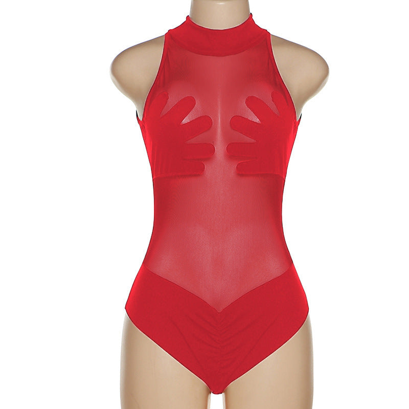 Sheer Mesh Bodysuit with Hand Print Design