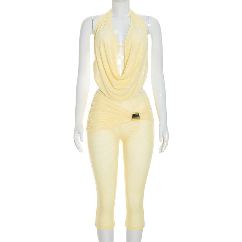 Draped Halter Backless Romper Set