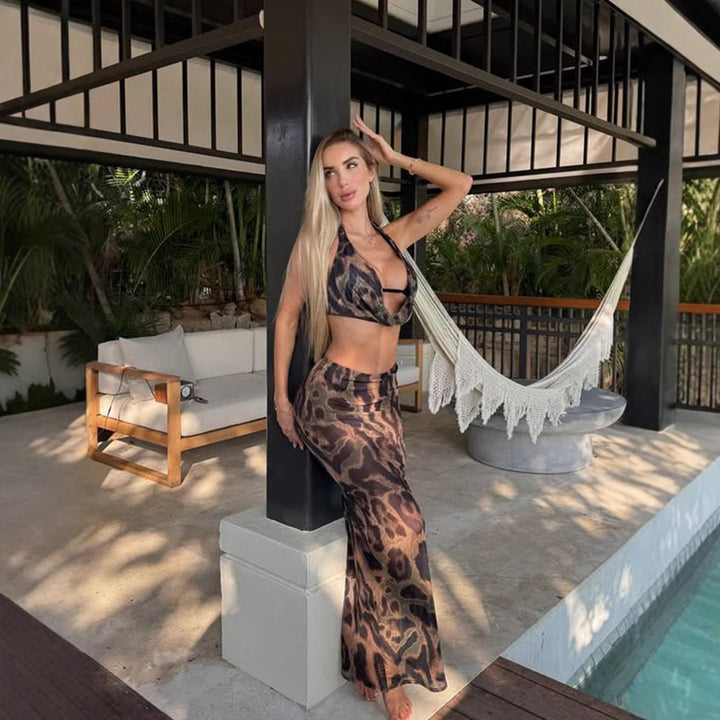 Halter Back Printed Two Piece Maxi Set