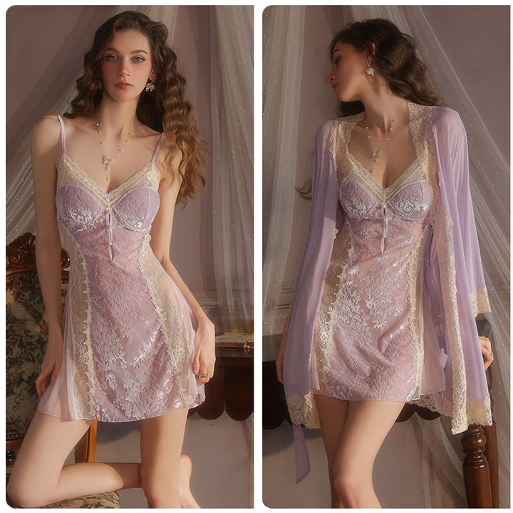 Floral Embroidered Chemise & Lace Robe Lingerie Set
