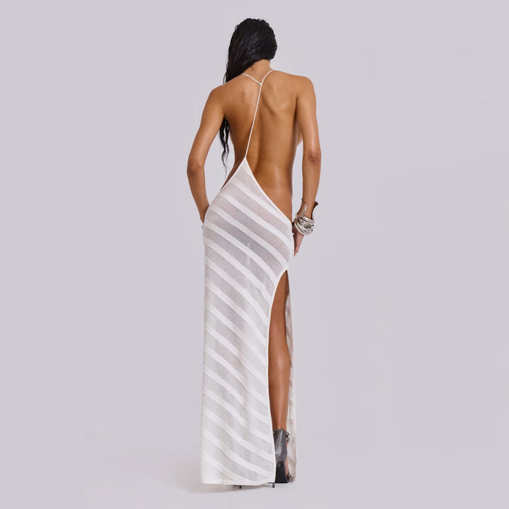 Sheer Striped Open-Back Maxi Slip Dress