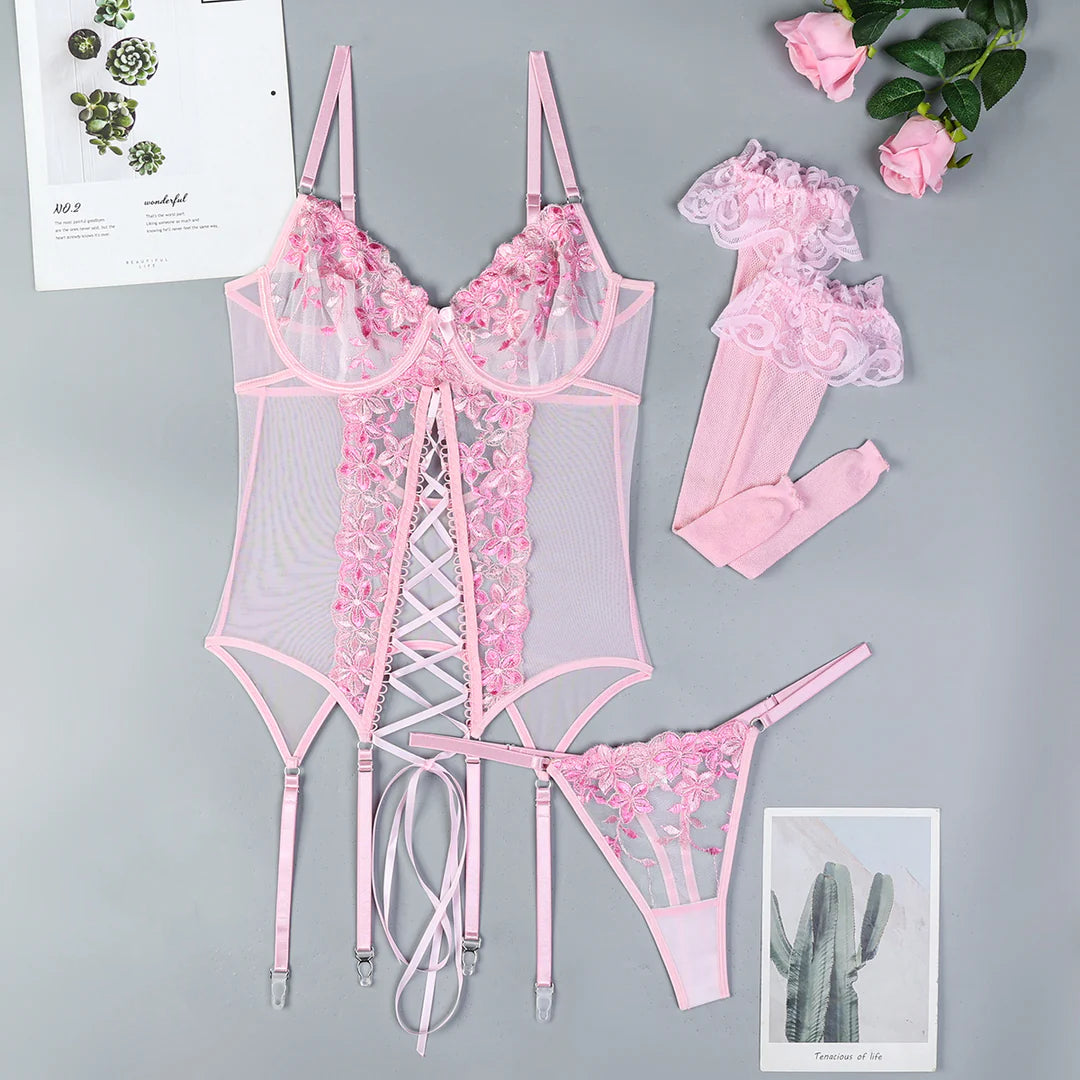 Floral Embroidered Strappy Lingerie Set✨