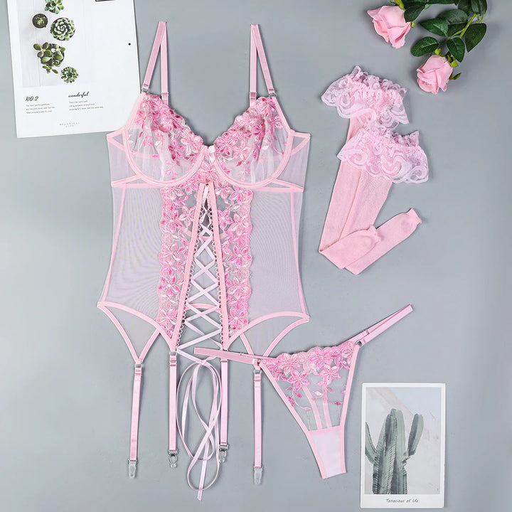 Floral Embroidered Strappy Lingerie Set✨