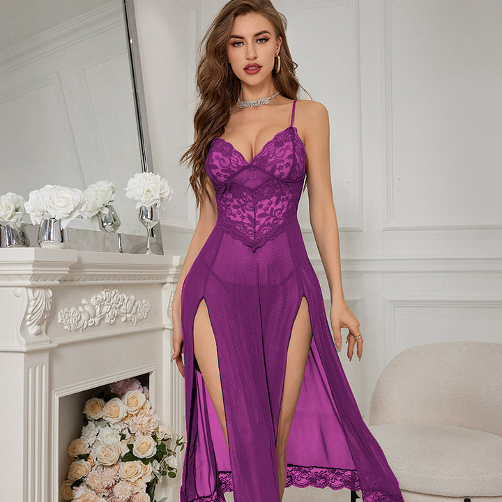 Sheer Lace Split Long Chemise Nightgown