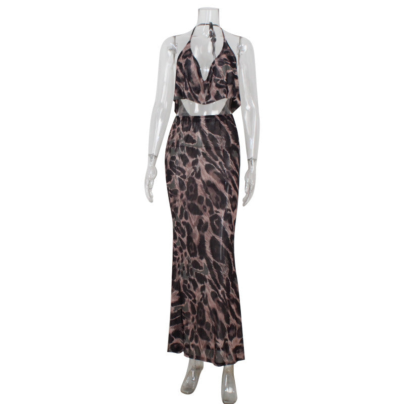 Halter Back Printed Two Piece Maxi Set