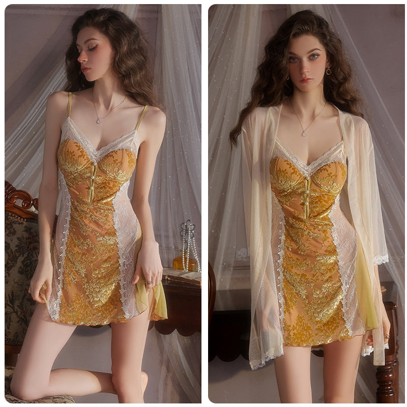 Floral Embroidered Chemise & Lace Robe Lingerie Set