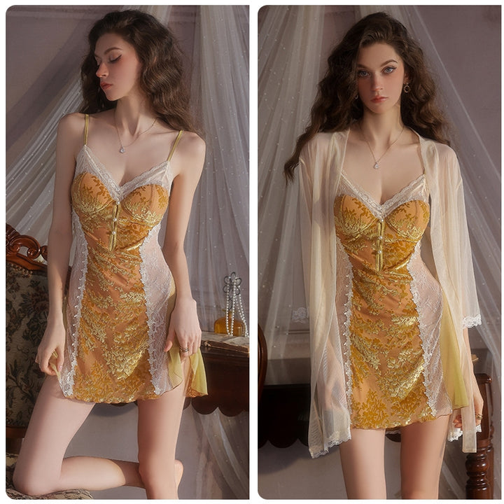 Floral Embroidered Chemise & Lace Robe Lingerie Set