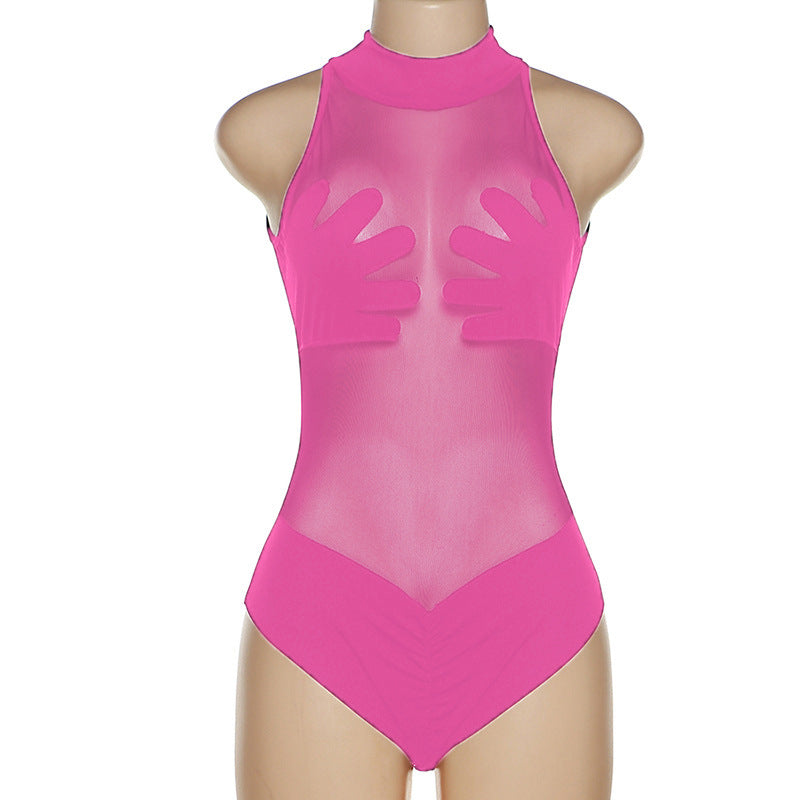Sheer Mesh Bodysuit with Hand Print Design