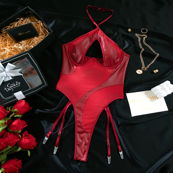 Mesh & PU Leather Halter Bodysuit Lingerie
