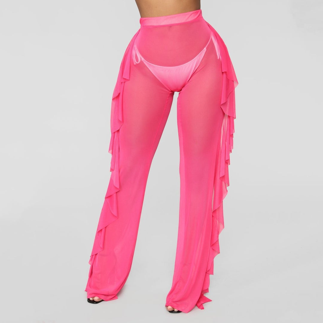 Ruffle Sheer Mesh Wide Leg Pants