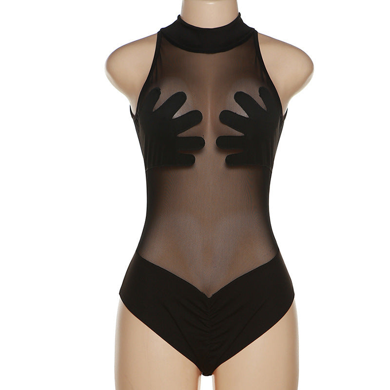 Sheer Mesh Bodysuit with Hand Print Design