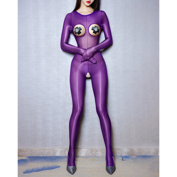 Long Sleeve Glossy Open Crotch Bodystocking