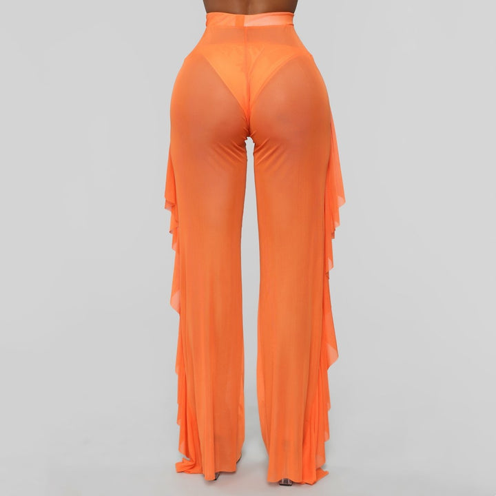 Ruffle Sheer Mesh Wide Leg Pants