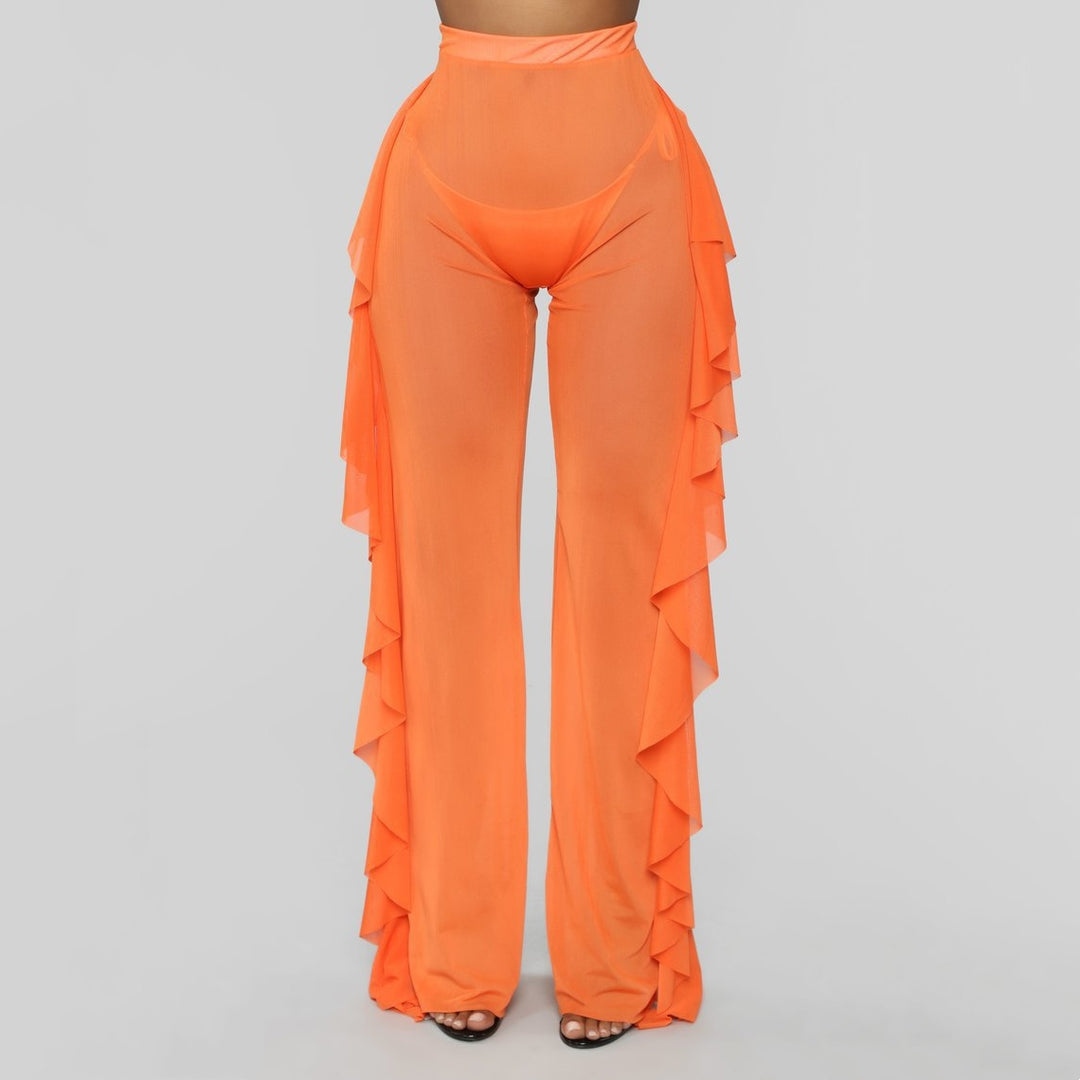 Ruffle Sheer Mesh Wide Leg Pants