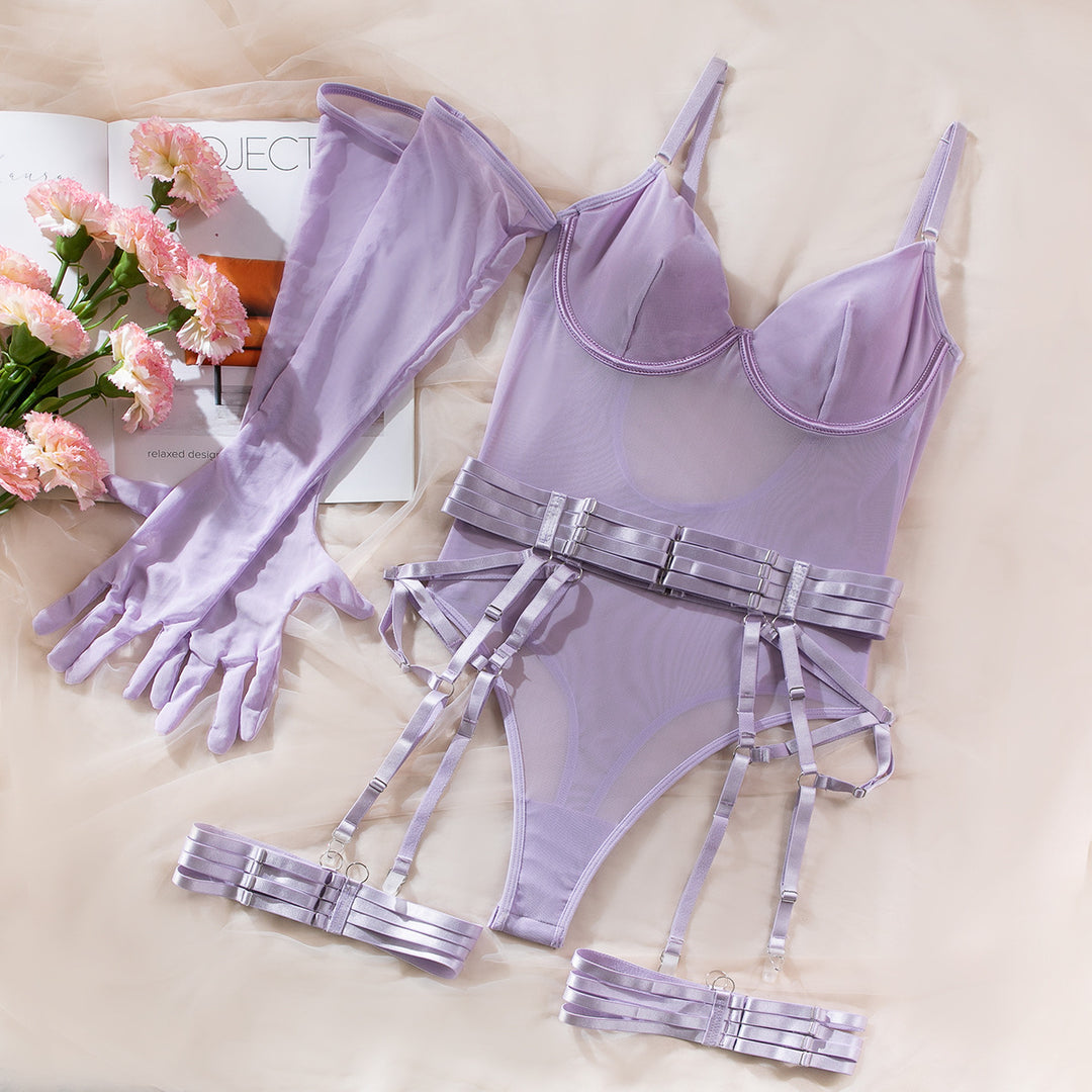 Strapped Mesh Lingerie Set – Sleek Bodysuit with Gloves